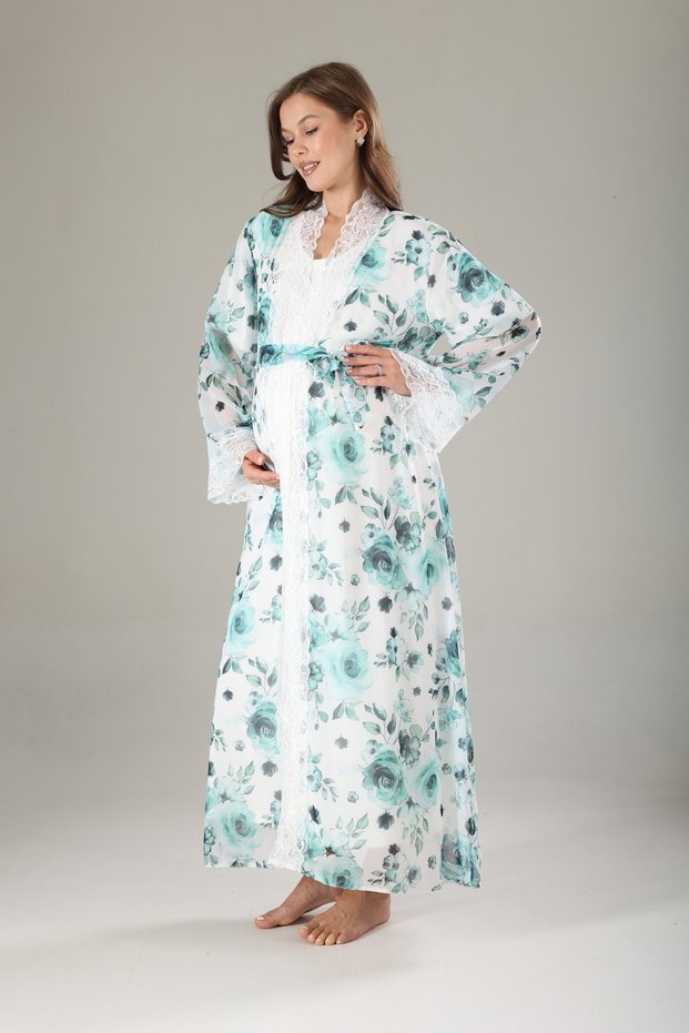 Turquoise Floral Lace Special Design Full Length 100% Cotton Summer Maternity Maternity Dressing Gown Nightgown Set