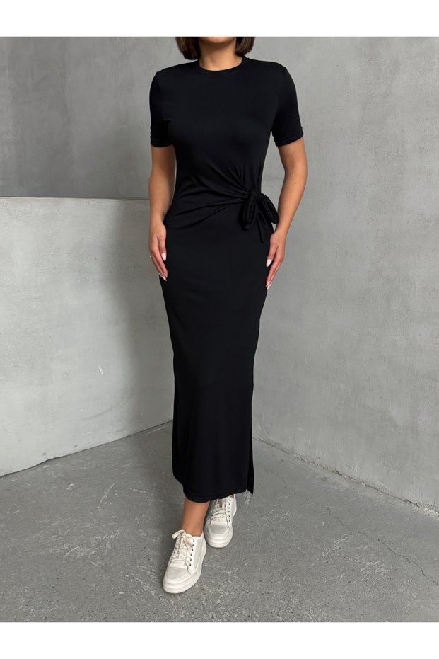 Women's Black Waist Tie Detailed Modal Dress