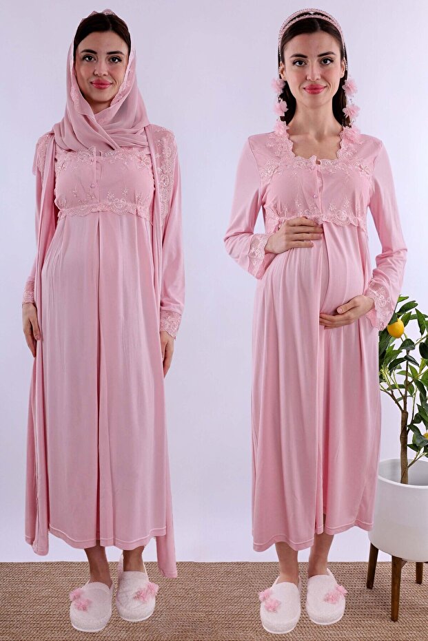 Effortt - Pink Maternity Nursing Nightgown Set with Hijab