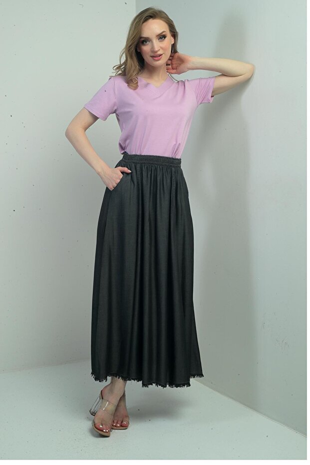 Women's Elastic Waist Side Pocket Skirt Tasseled Hem Slim Denim Long Skirt