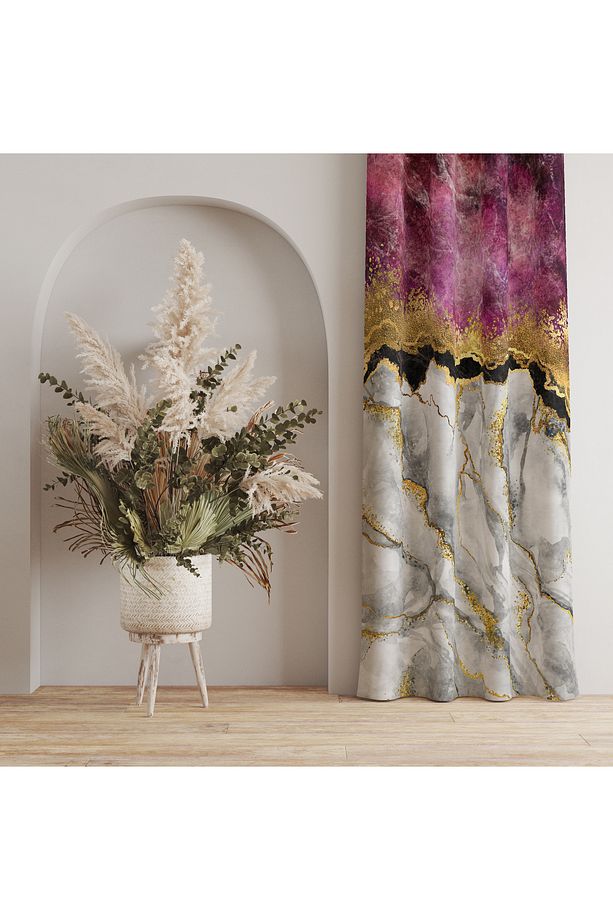Mermer Desenli & Altın Detaylı Fon Perde – Lüks ve Şık Tasarım 140x260 CM Tek Kanat - 1