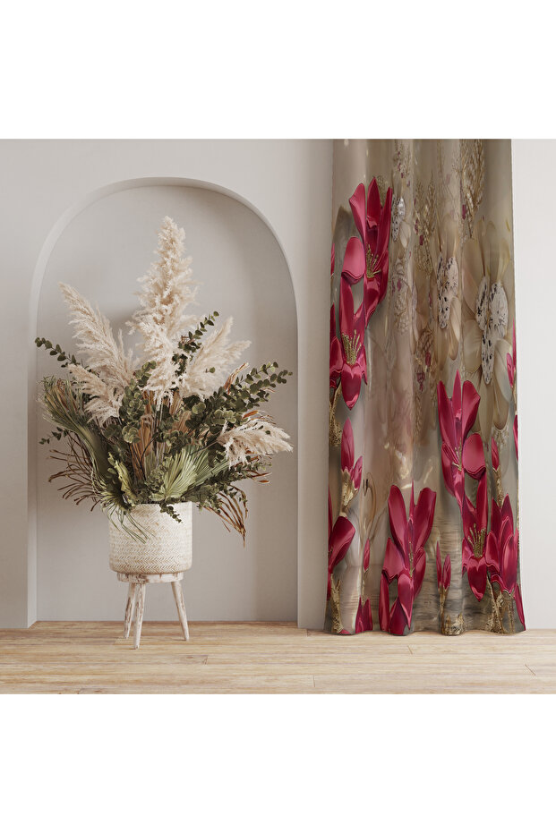 Red & Beige Floral Patterned Background Curtain – Elegant & Stylish Atmosphere 140X260 cm Single Wing
