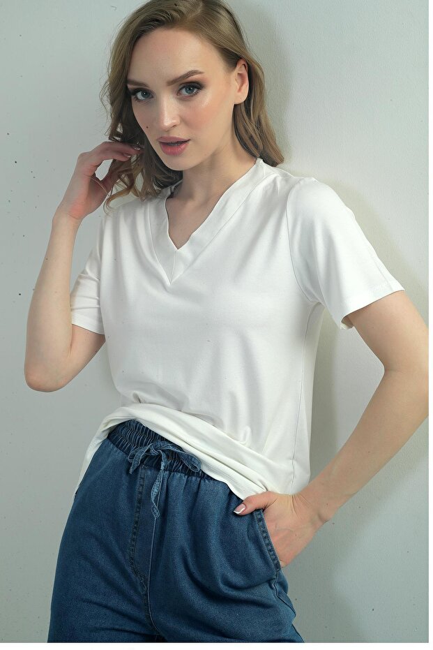 Women's V-Neck Slit Short Sleeve Blouse