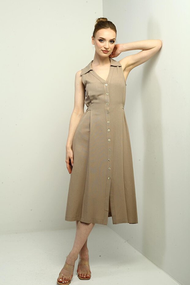 Women's Polo Neck Front Pleat Button Detailed Midi Linen Dress