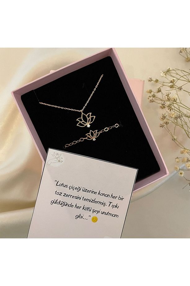 925 Ayar Gümüş Rose Tek Taş Lotus Çiçeği Set (KOLYE,BİLEKLİK) Özel Gün Doğum Günü Hediyesi - 1