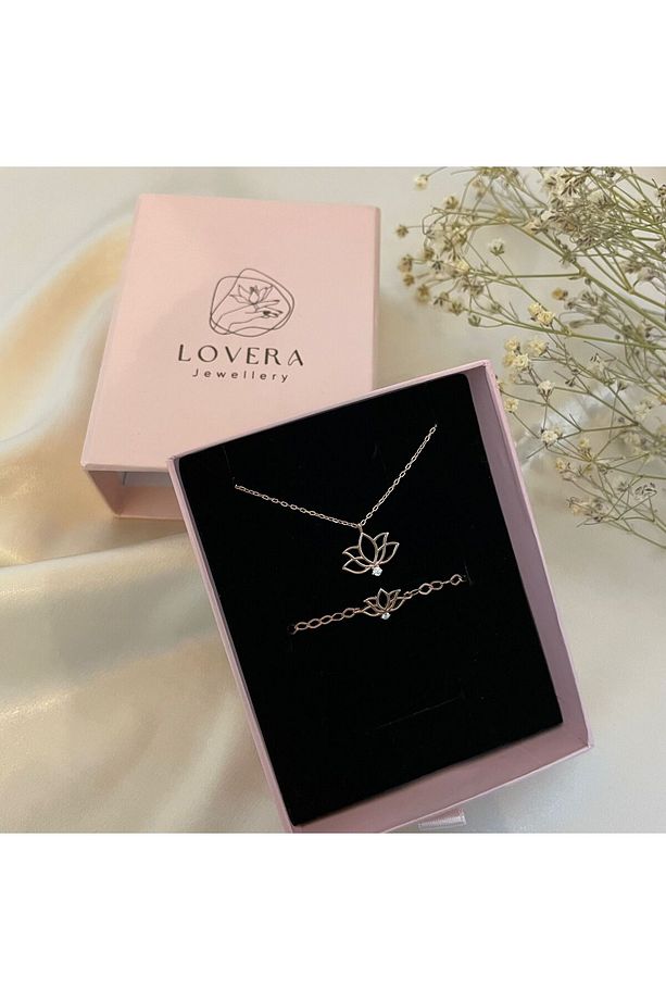 925 Ayar Gümüş Rose Tek Taş Lotus Çiçeği Set (KOLYE,BİLEKLİK) Özel Gün Doğum Günü Hediyesi - 4