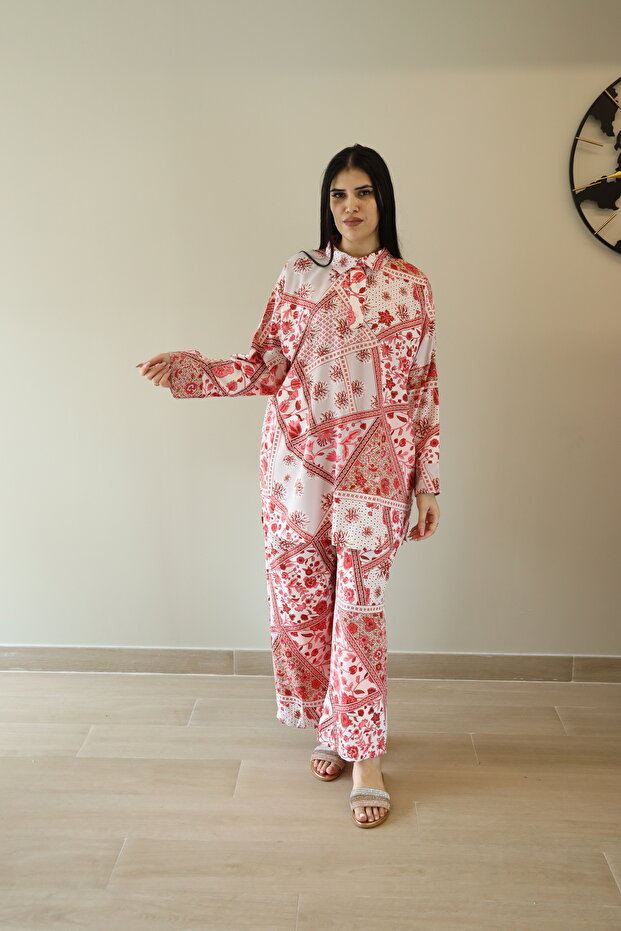 Ladies Co-ord Pant Set- Red and White Printed Pant and Shirt with Long Sleeves