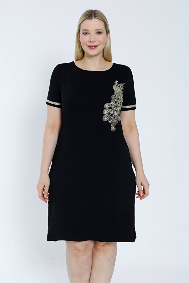 women black plus size short sleeve embroidery detailed dress
