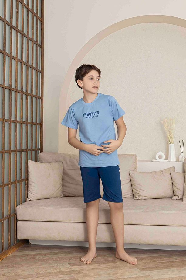 Erkek Genç VE Çocuk Mavi Kısa Kol Şort Penye Pijama Takımı - 2