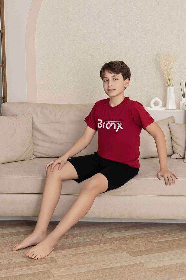Erkek Genç VE Çocuk Bordo Kısa Kol Şort Penye Pijama Takımı - 1