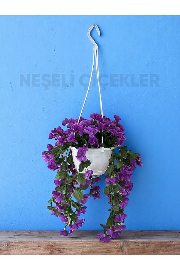 Yapay Çiçek Askılı Saksıda Balkon Çiçeği Sarkan Mor Begonvil Dekoratif Yapay Çiçek - 1
