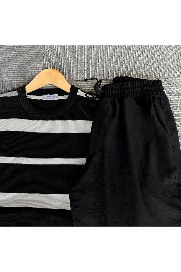 Bisiklet Yaka Örme Tişört ve Keten Pantolon 2li Set Alt Üst Takım Yazlık - 4