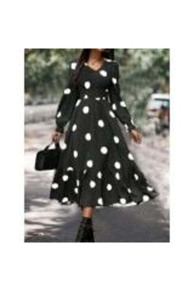 Long Sleeve V-Neck Elastic Waist Polka Dot Long Crepe Dress-Black - S-M