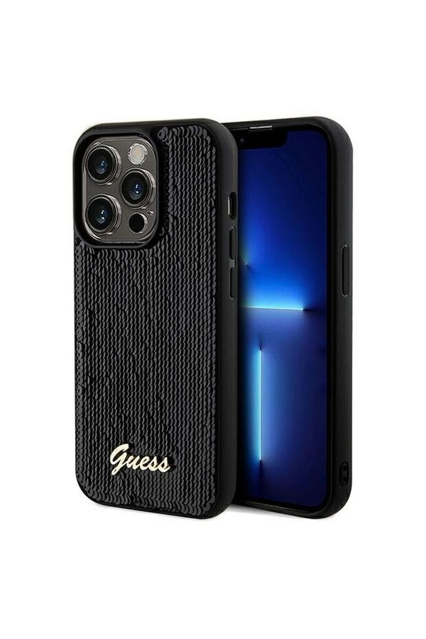 Guess Case for iPhone 14 Pro Max, Sequin Script Metal, Black