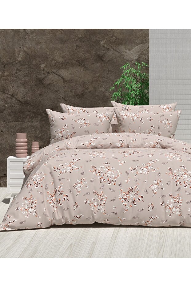 طقم غطاء لحاف عرقي بيج مزدوج (مع ملاءات مرنة)