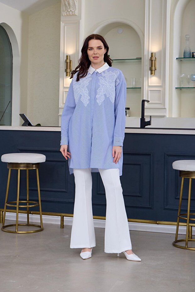 DANTEL DETAYLI ÇİZGİLİ GÖMLEK - 1