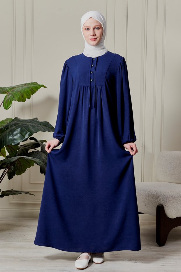 Balloon Sleeve Front Buttoned Robe Gathered Hijab Clothing Mother's Dress Prayer Dress Special Occasion Dress
