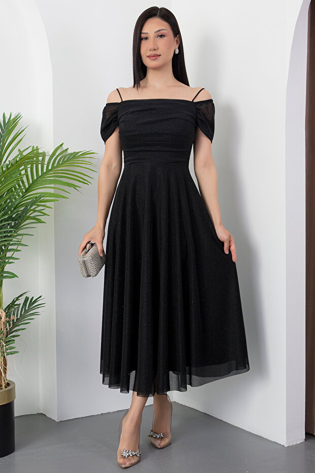 Kare Yaka Askılı Simli Tül Elbise 39976 - 1