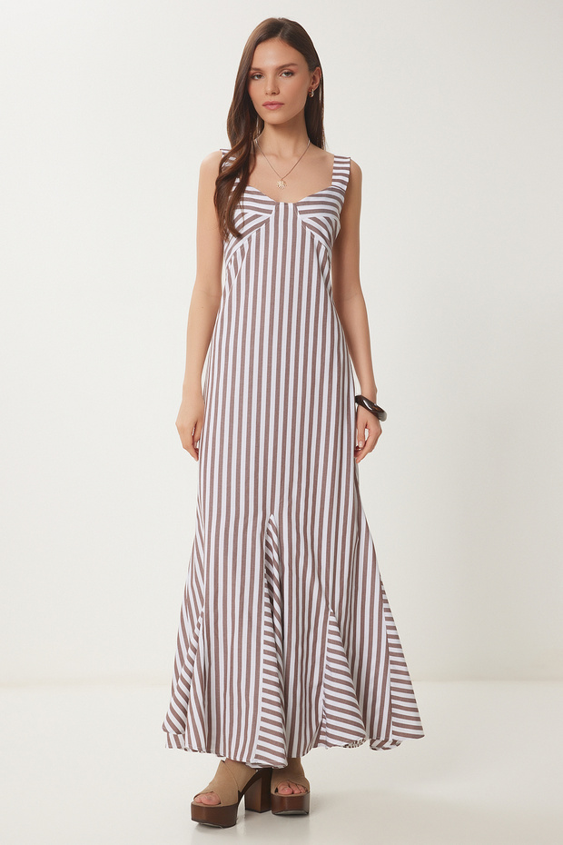 Striped Flounces Summer Long Dress Brown Bone Ljh0002