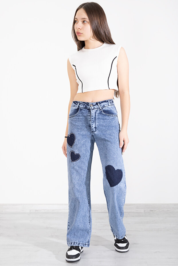 Blue Elastic Waist Wide Leg Heart Patterned Girls' Jeans Pants 20406