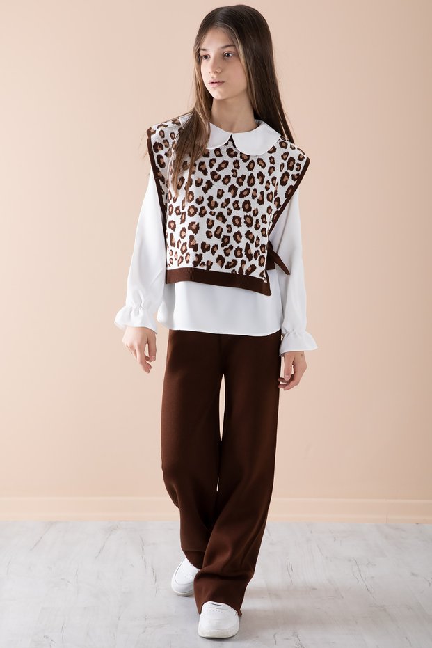 Brown Sweater Shirt Girl's Knitwear Pants 3 Piece Set 20343