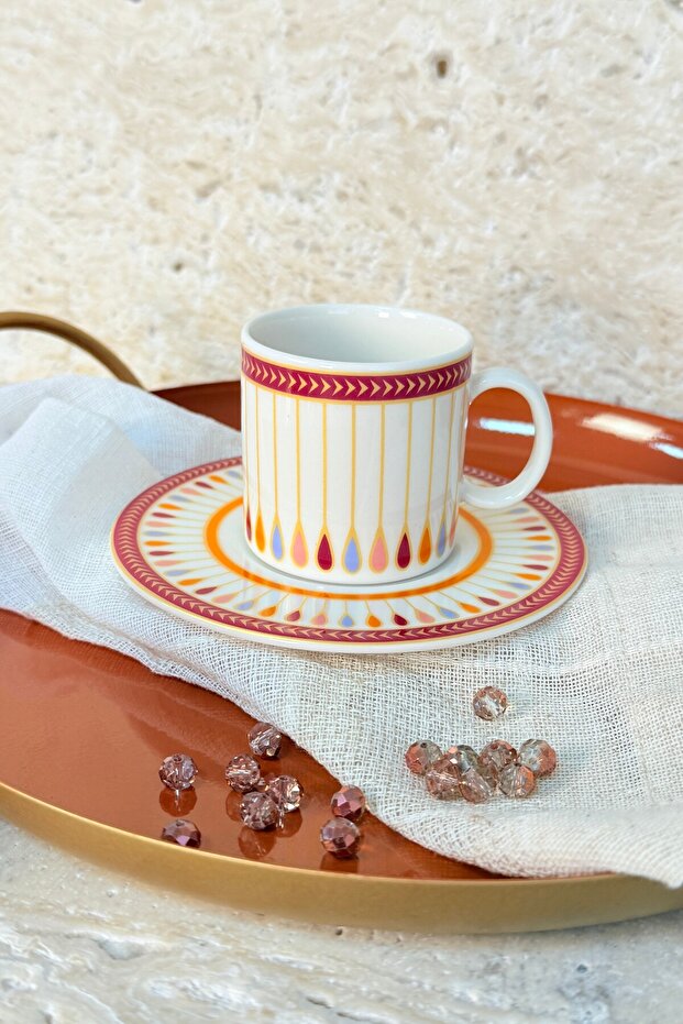 Miranda Premium Porcelain 4 Piece Coffee Cup Set for 2 People 90 ml Gold/Gold Striped Special Design