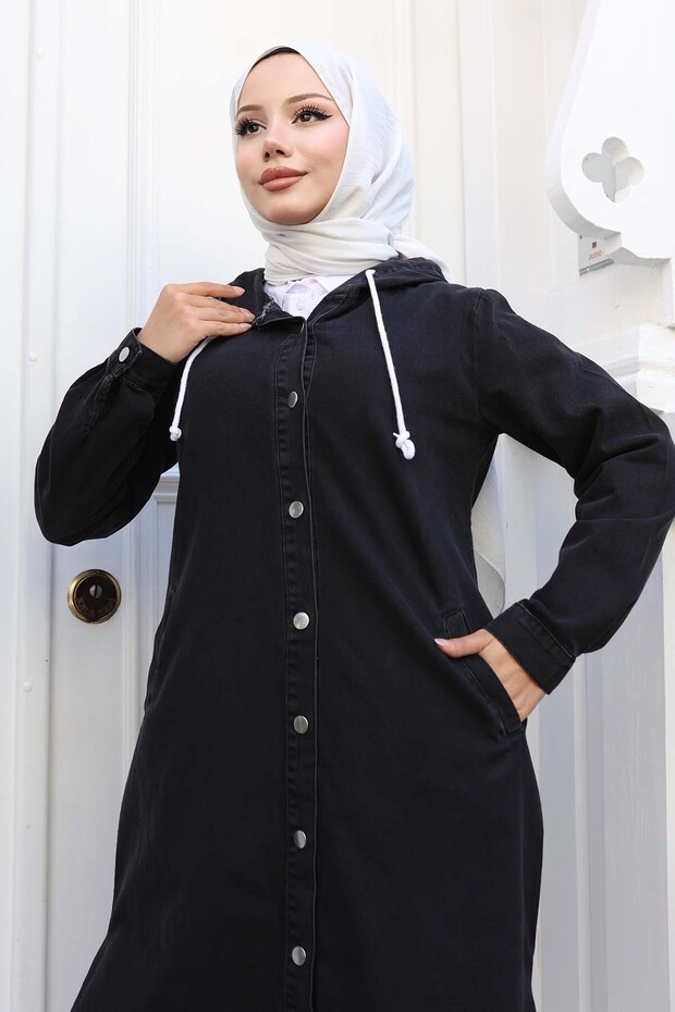 قبعة دينم بأزرار باللون الأسود 1308 - 2