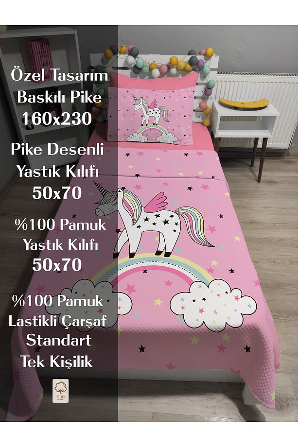 4 Parça UNİCORN Desenli Lastikli Çarşaflı Tek Kişilik PİKE Yatak Örtüsü Takımı - 3