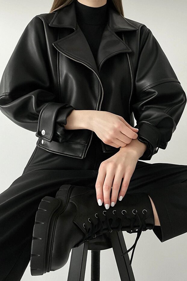 Balon Kol Siyah Deri Ceket - 1