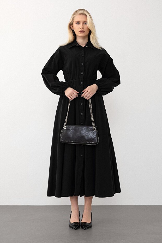 Poplin Dress with Chest Pockets and Elastic Waist Black 9286-E