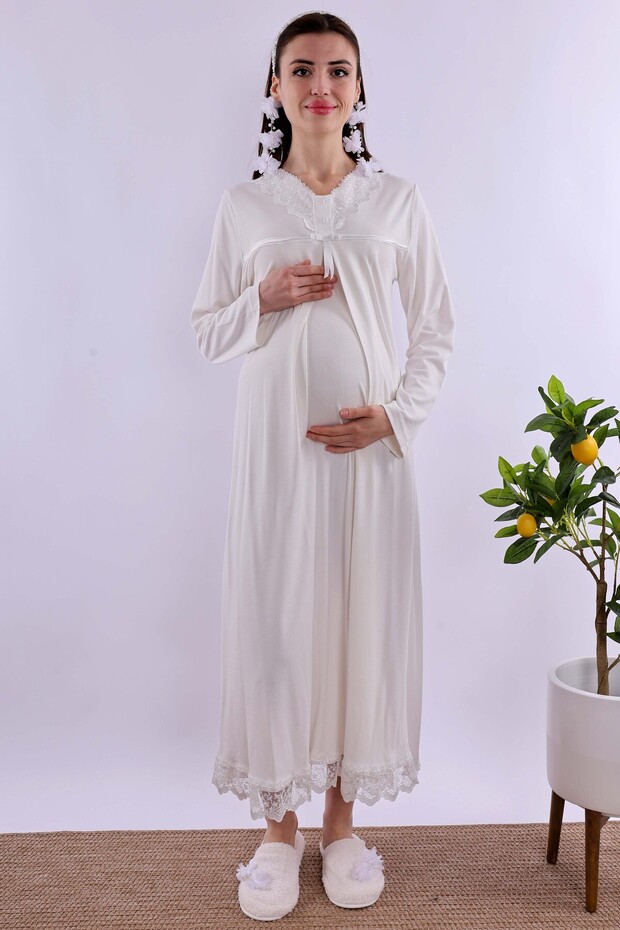 Cotton Maternity Nightgown with Hidden Breastfeeding Feature Effortt - Ecru