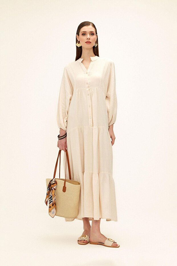 Bat Sleeve Button Detailed Muslin Casual Dress Bej 9330-E