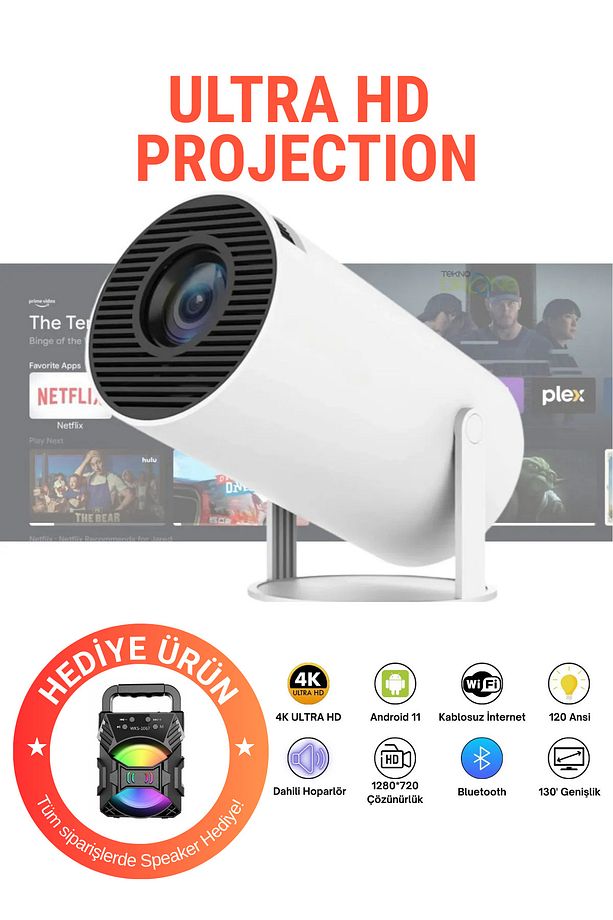 Taşınabilir Android Projeksiyon Cihazı PRO 4K HD Görüntü WİFİ BLUETOOTH Desteği Speaker Hediyeli W - 1