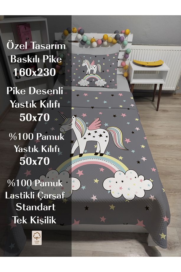4 Parça UNİCORN Desenli Lastikli Çarşaflı Tek Kişilik PİKE Yatak Örtüsü Takımı - 3