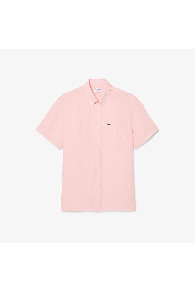Erkek Regular Fit Kısa Kollu Düğmeli Yaka Keten Açık Pembe Gömlek - 4