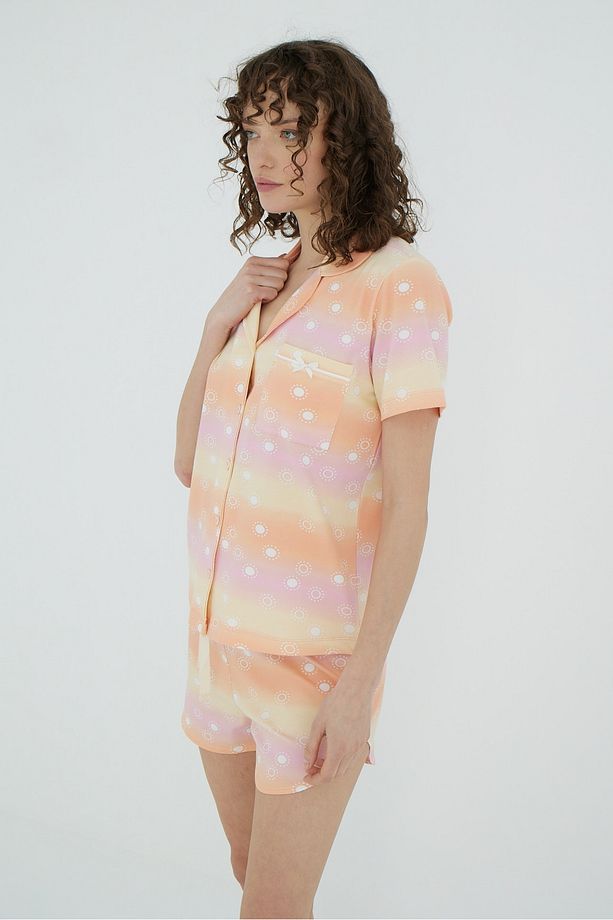Renk Geçişli Cep Detaylı Gömlek Şort Pijama Takımı - 3
