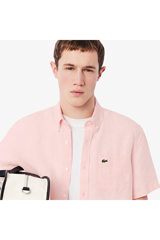 Erkek Regular Fit Kısa Kollu Düğmeli Yaka Keten Açık Pembe Gömlek - 2