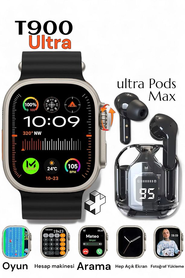 Akıllı Saat Watch 8 T900 Ultra 2s 2.3inch Arama+Ultra Pods Max Dokunmatik Bluetooth Kulaklık 2li Set - 1