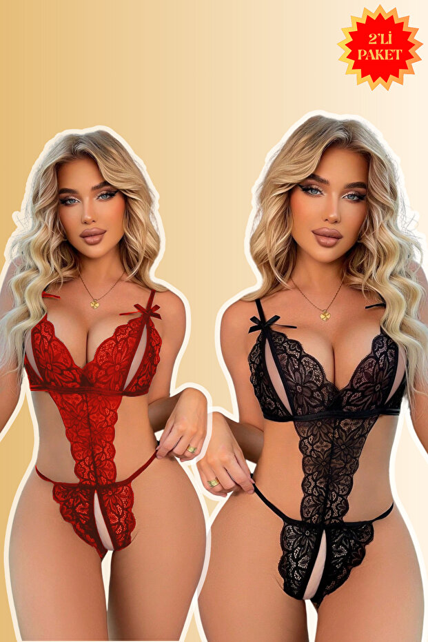 Kadın 2'li Dantelli Kırmızı Siyah gecelik - 1
