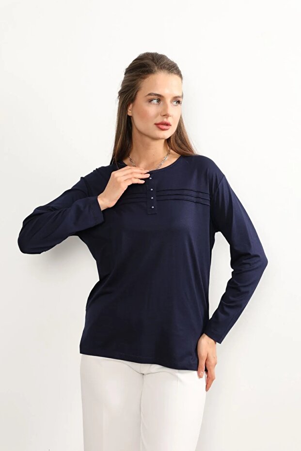 Lifera Pearl Detailed Combed Cotton Mother Blouse, Large Size