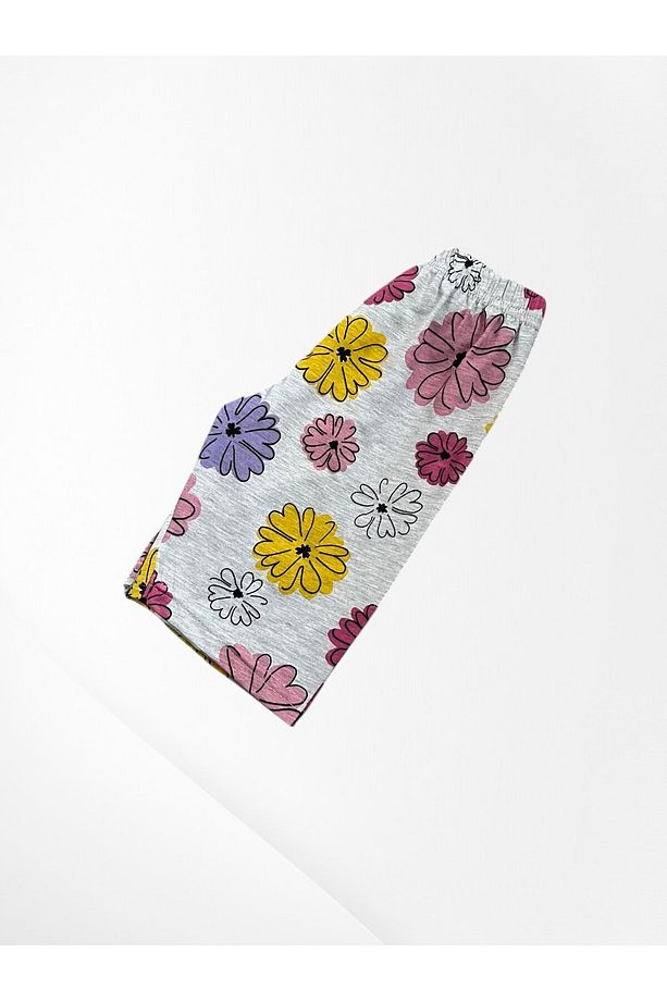Kız Çocuk Pamuklu Gri Renk Çiçekler Desenli Kısa Kollu Şortlu Yazlık Kolu Fırfırlı Pijama Takım - 4