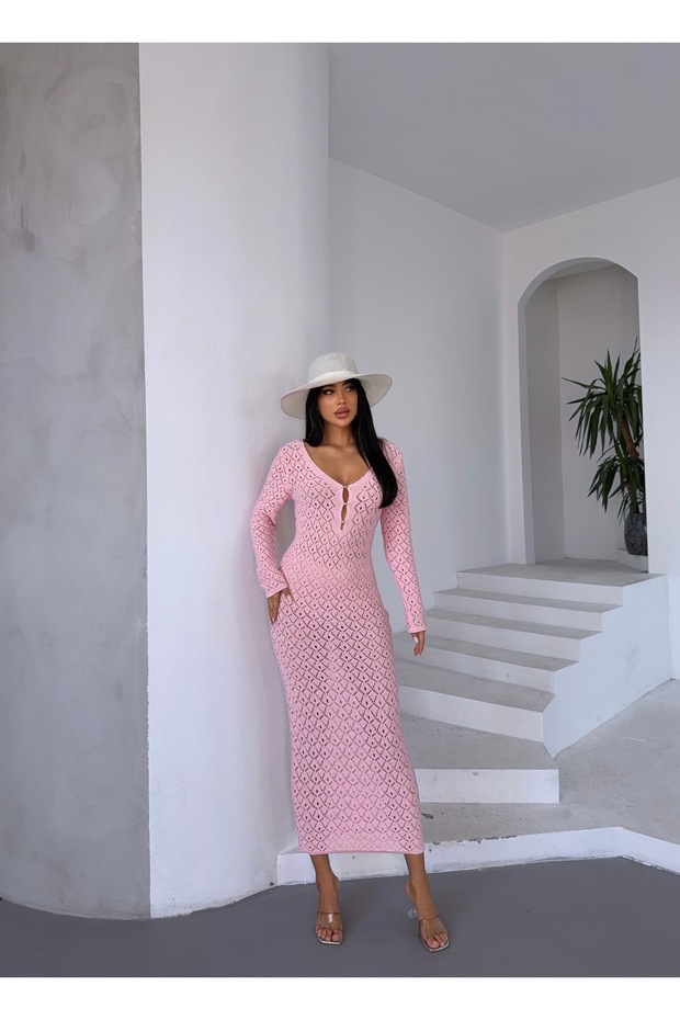 Kadın V Yaka Ajurlu Elbise - 6