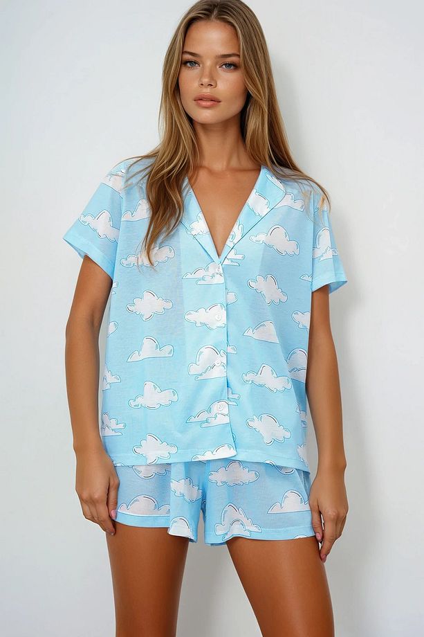 Kadın Mavi Bulut Desenli Örme Pamuklu Gömlek Ve Şort Pijama Takımı Pjmx13887 - 3