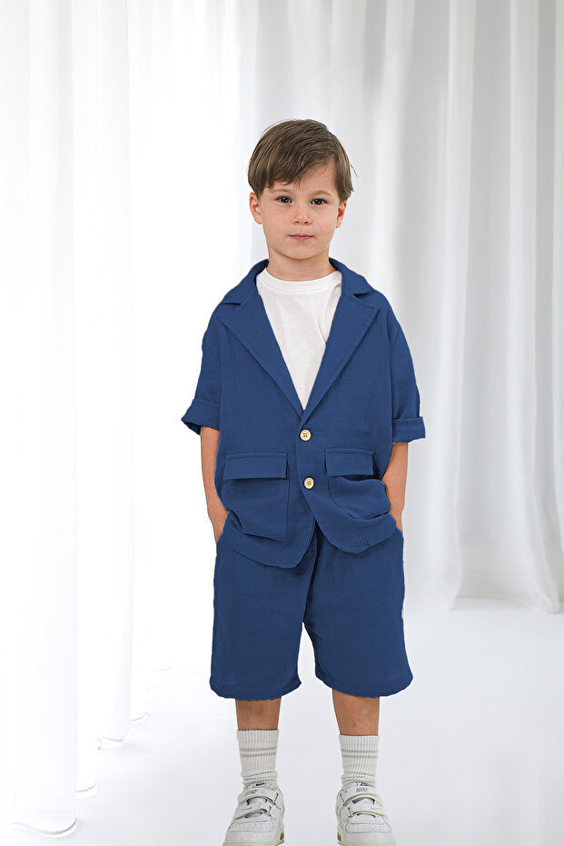 Indigo Muslin Jacket Shorts Set