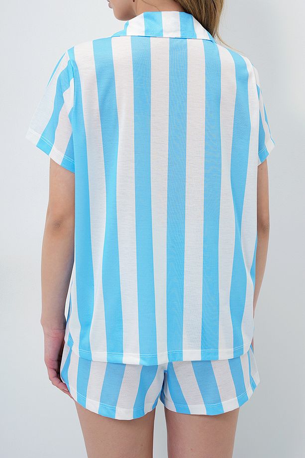 Kadın Mavi Şerit Desenli Örme Pamuklu Gömlek Ve Şort Pijama Takımı Pjmx13885 - 6