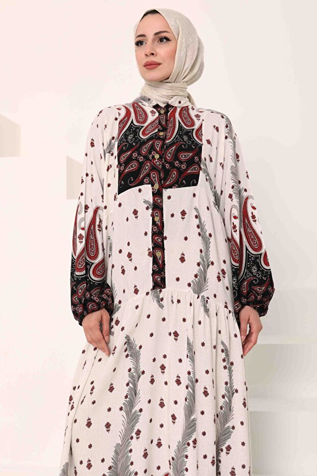 Patterned Buttoned Dress Red - 27040 - 4