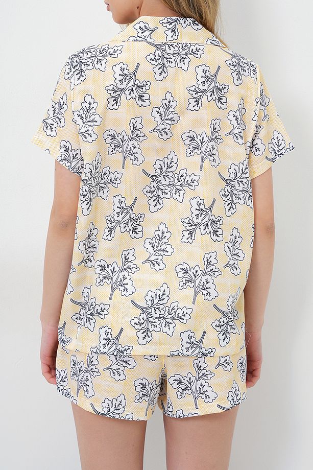 Kadın Sarı Desenli Önü Düğmeli Dokuma Gömlek Ve Şort Pijama Takım Pjmx13890 - 5