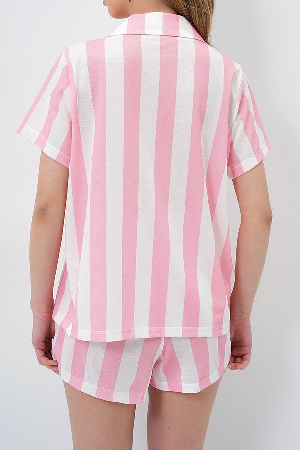 Kadın Pembe Şerit Desenli Örme Pamuklu Gömlek Ve Şort Pijama Takımı Pjmx13885 - 4