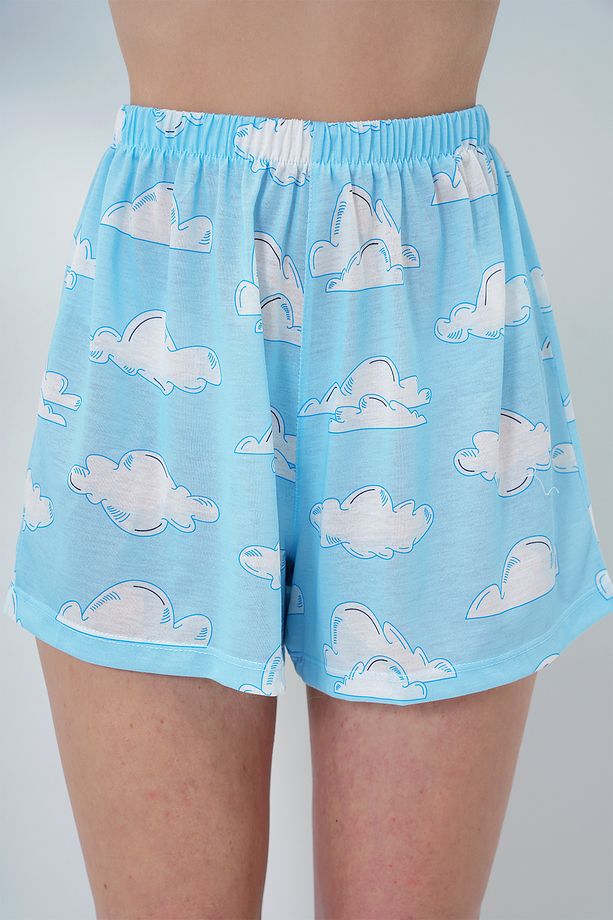 Kadın Mavi Bulut Desenli Örme Pamuklu Gömlek Ve Şort Pijama Takımı Pjmx13887 - 4