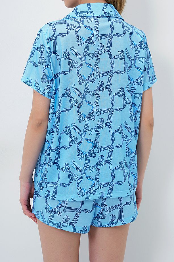 Kadın Mavi Fiyonk Desenli Örme Pamuklu Gömlek Ve Şort Pijama Takımı Pjmx13888 - 5